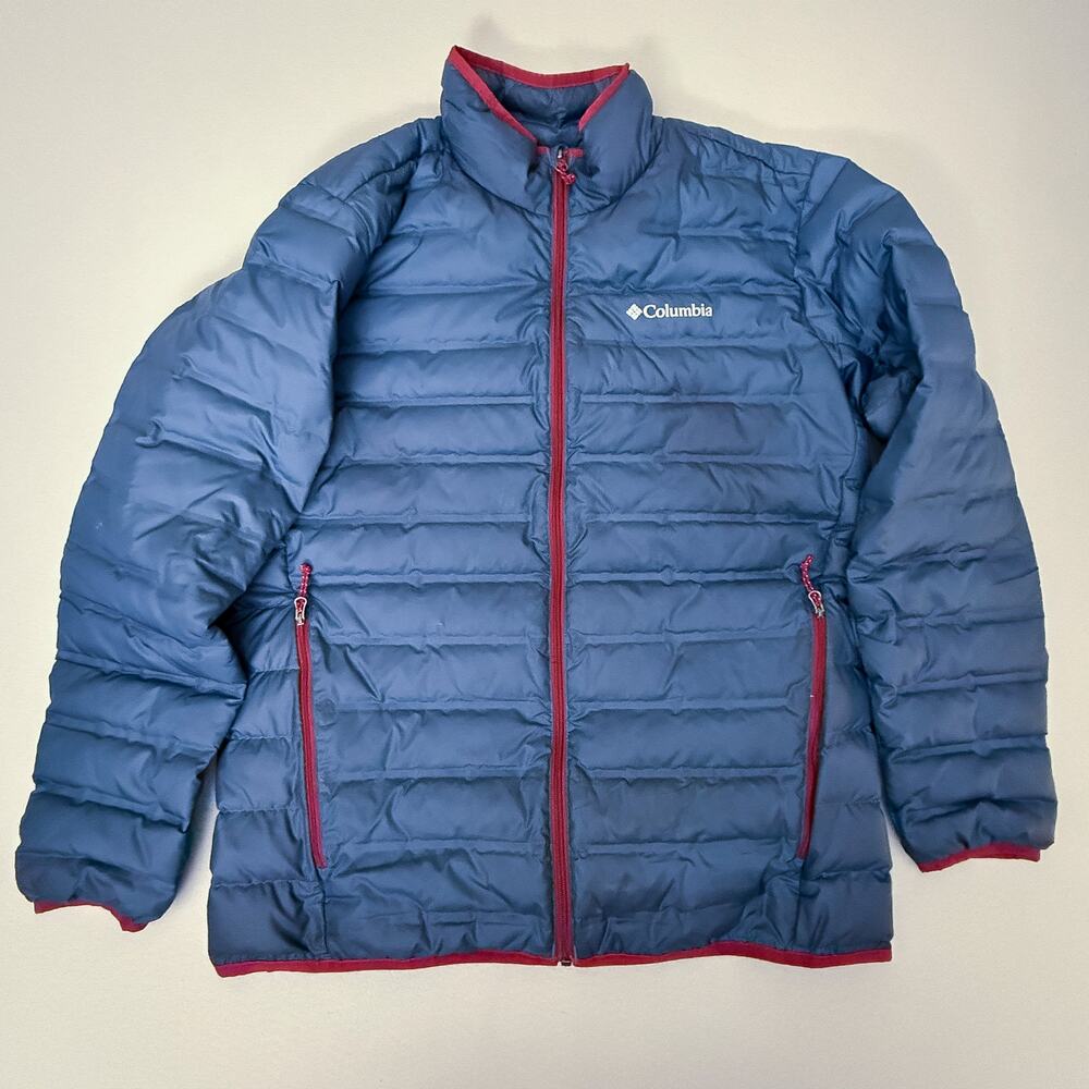 Columbia Down Puffer Jacket Blue Red Trim Full Zip Zip Pockets Size Large